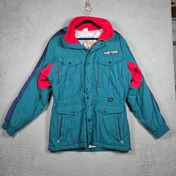 Vintage Hard Corps Ski Jacket Mens Medium Blue Green 90s Color Block Hooded - Picture 1 of 11